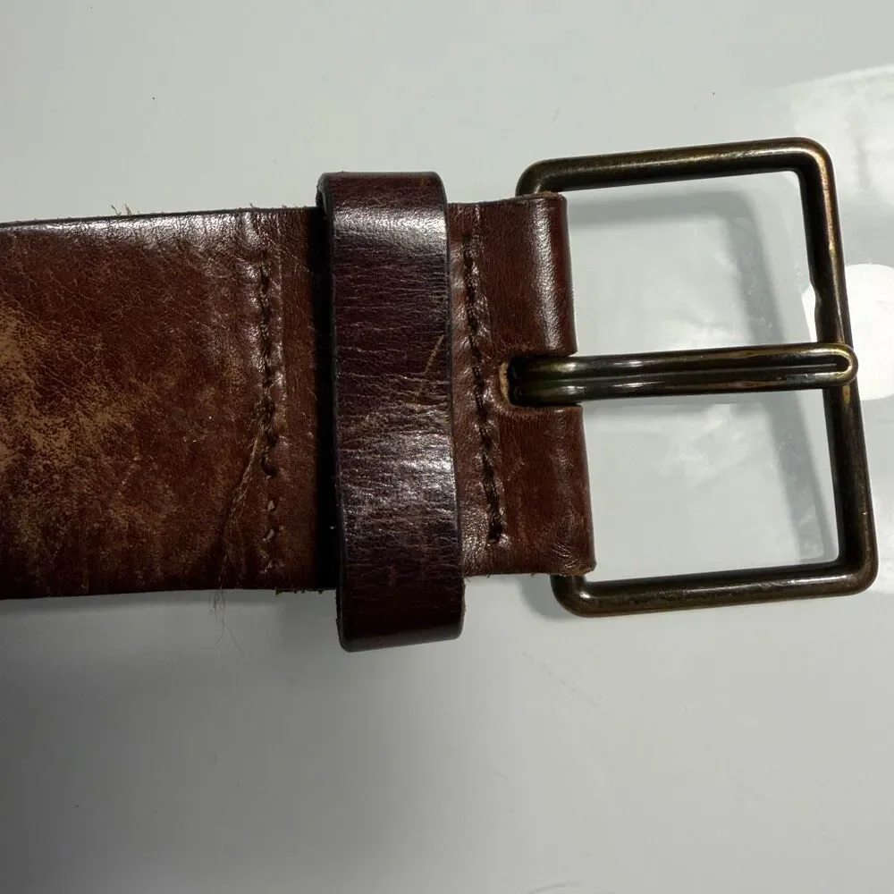 Y2K Brown Genuine Leather Grommet Eyelet Belt Distressed Boho Wide Belt